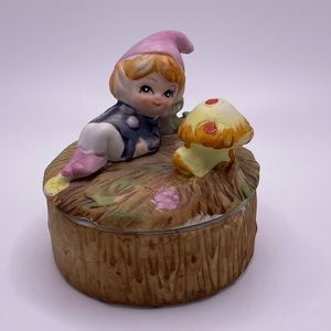 Vintage HOMCO Fantasy Elf Pixie Fairy Mushroom Hand Painted Round Trinket Dish